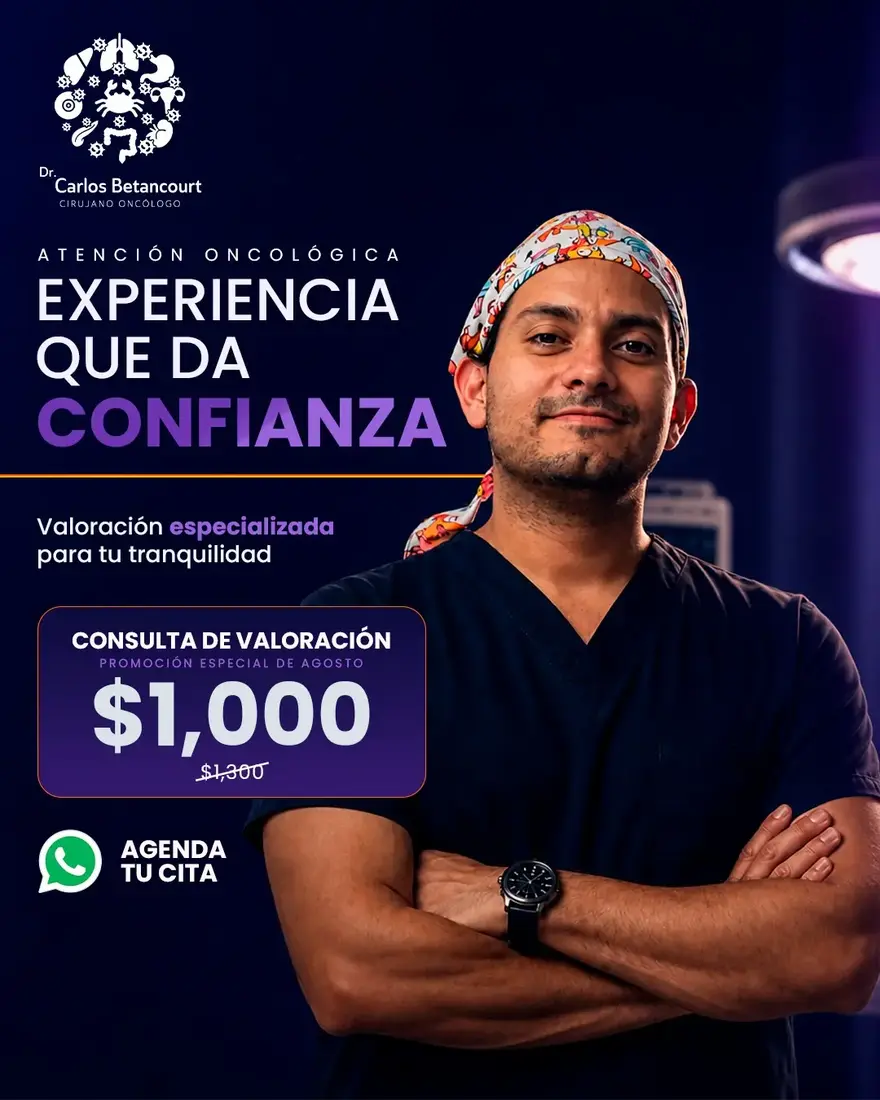 Banner de promoción: Dr. Carlos Betancourt, cirujano oncólogo — consulta de valoración en $1,000, antes $1,300.